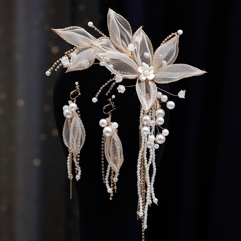 Bride Flower Tassel Hairpin with Earrings