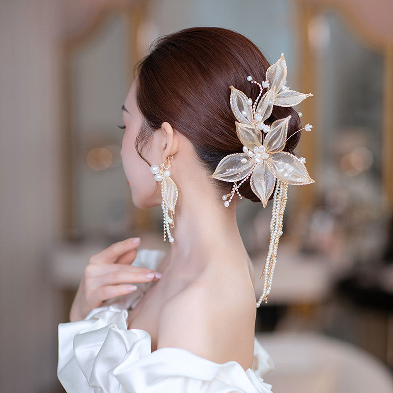 Bride Flower Tassel Hairpin with Earrings