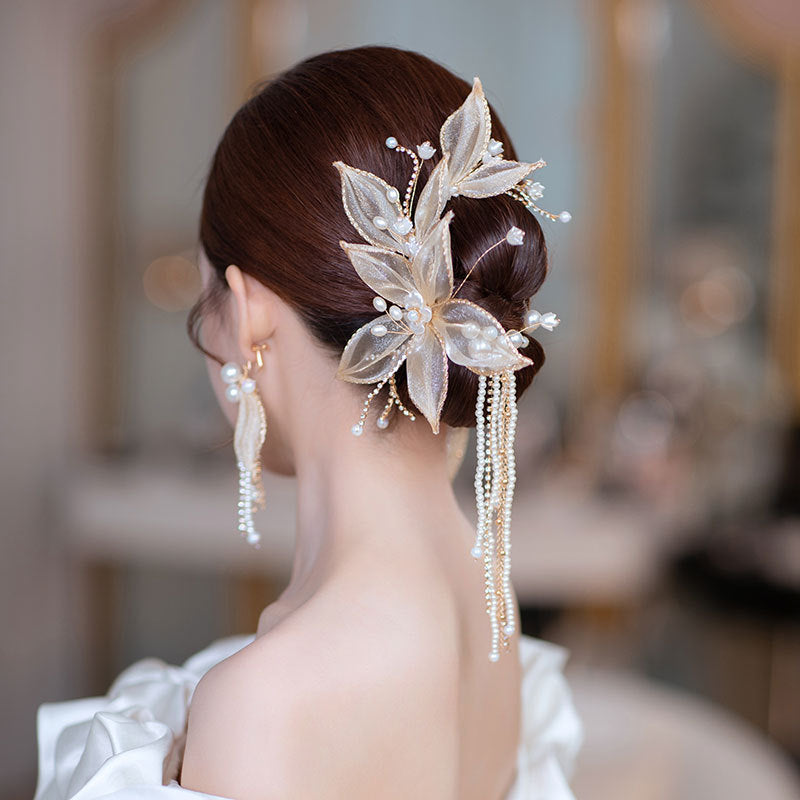 Bride Flower Tassel Hairpin with Earrings